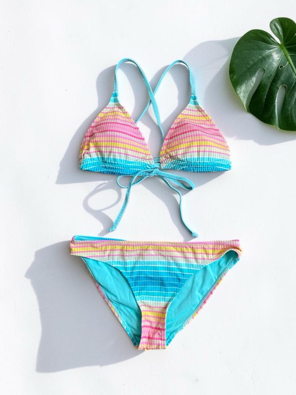 Vintage Y2K Ron Jon Tie-Back Ribbed Stripe Bikini Set